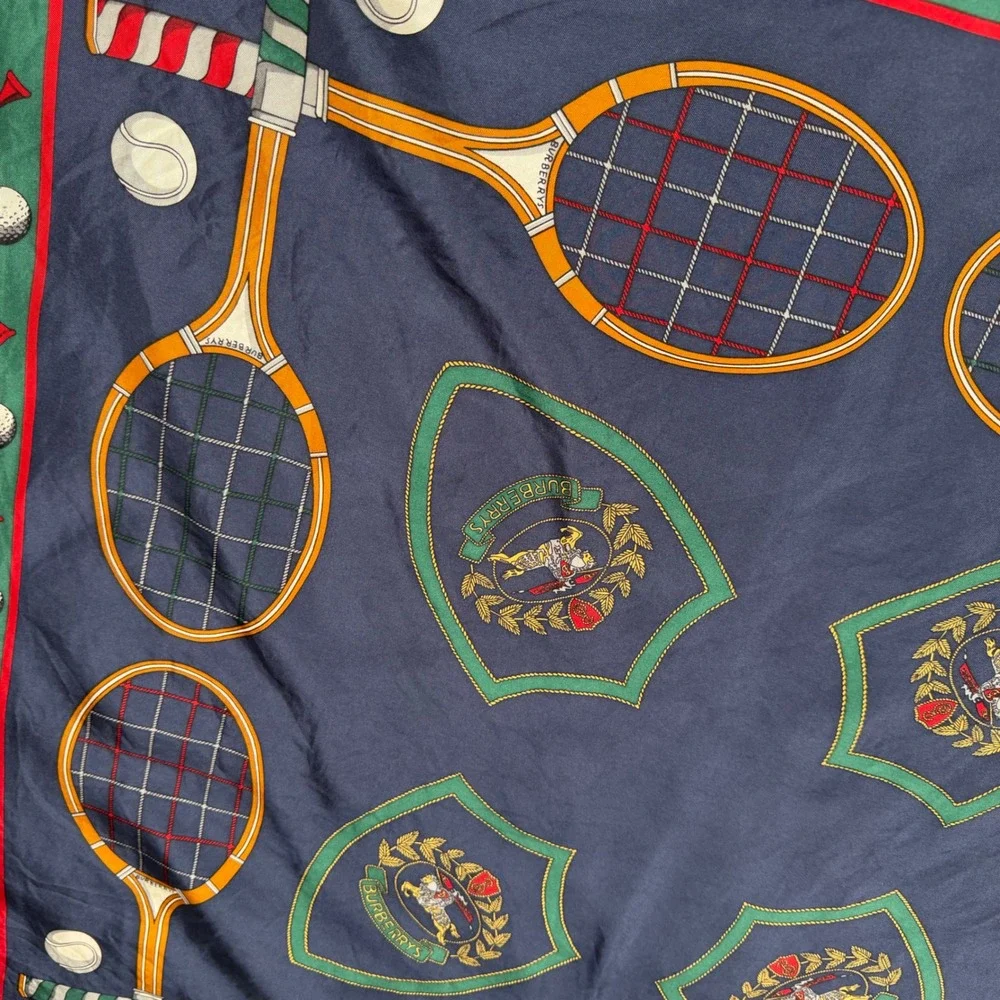 Vintage Burberry 100% Silk Scarf Tennis Golf Sports Navy Blue Square 34